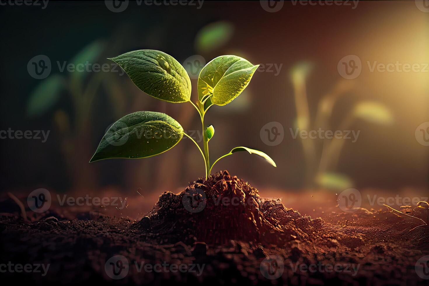 generativo ai ilustración de un nuevo vida idea. primavera ve pequeño plantas en el suelo, desarrollando planta y amanecer luz, fresco, semilla, imagen con un moderno agrícola tema foto