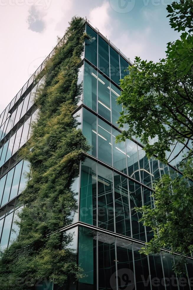 illustration of Gorgeous garden on the rooftop of a contemporary glass office building in Asia photo