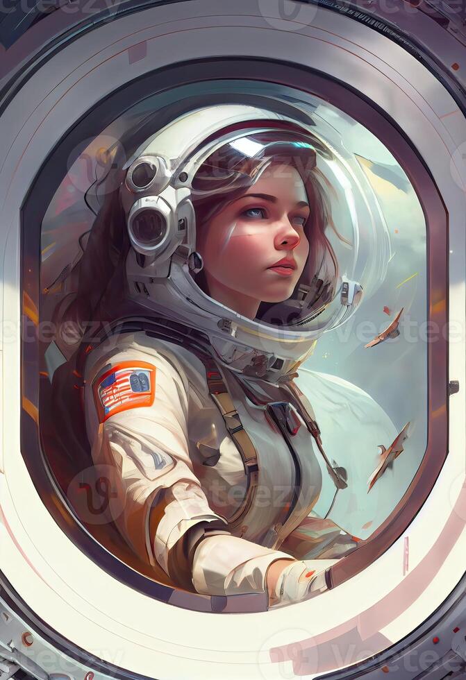 generativo ai ilustración de el niña es el capitán de un astronave, un blanco traje espacial, un panel, un enorme porta foto