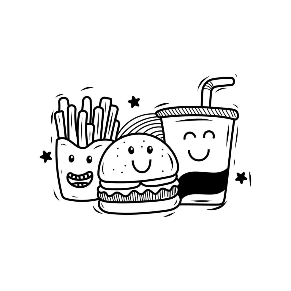 Cute fast food doodle illustration with facial expressions on isolated background vector