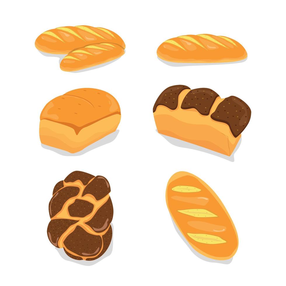 Baked bread bakery products wheat, rye bread loafs, bagels, sliced bread toasts vector