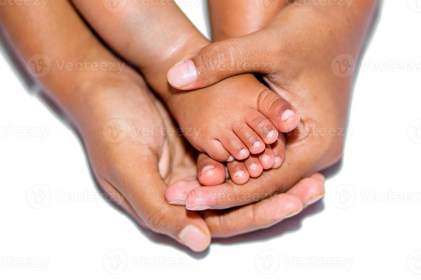 The soft legs of a baby placed on the palm of the mother's two hands on a white background. photo