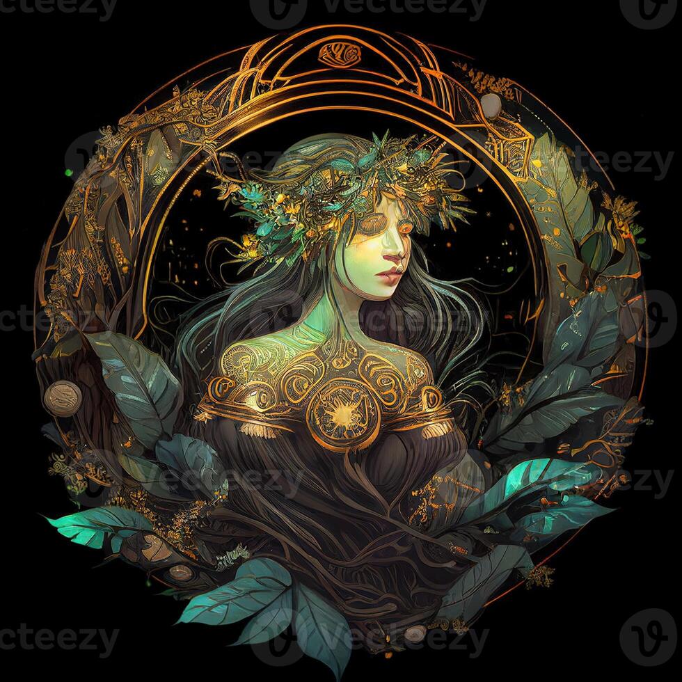 illustration of cyberpunk Zodiac sign with a forest growing on shoulders, galaxy, centered inside intricate gold circle of foliage photo