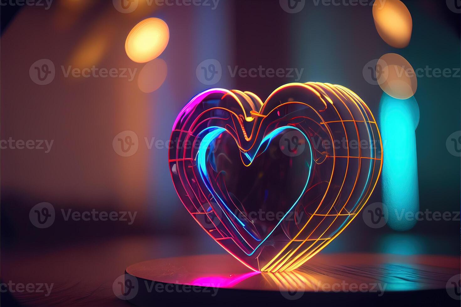 illustration of love heart neon light, decor, bright light, romantic. Love and valentine day concept. Neural network generated art. Digitally generated image. photo