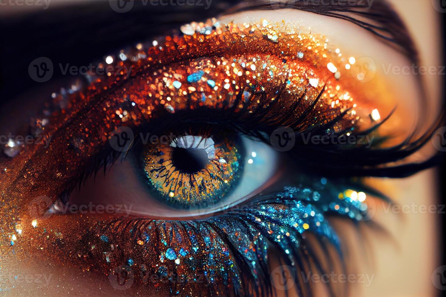 generativo ai ilustración de hermosa hembra ojos con carnaval vaso brillante sombra. cerca enfocar. foto