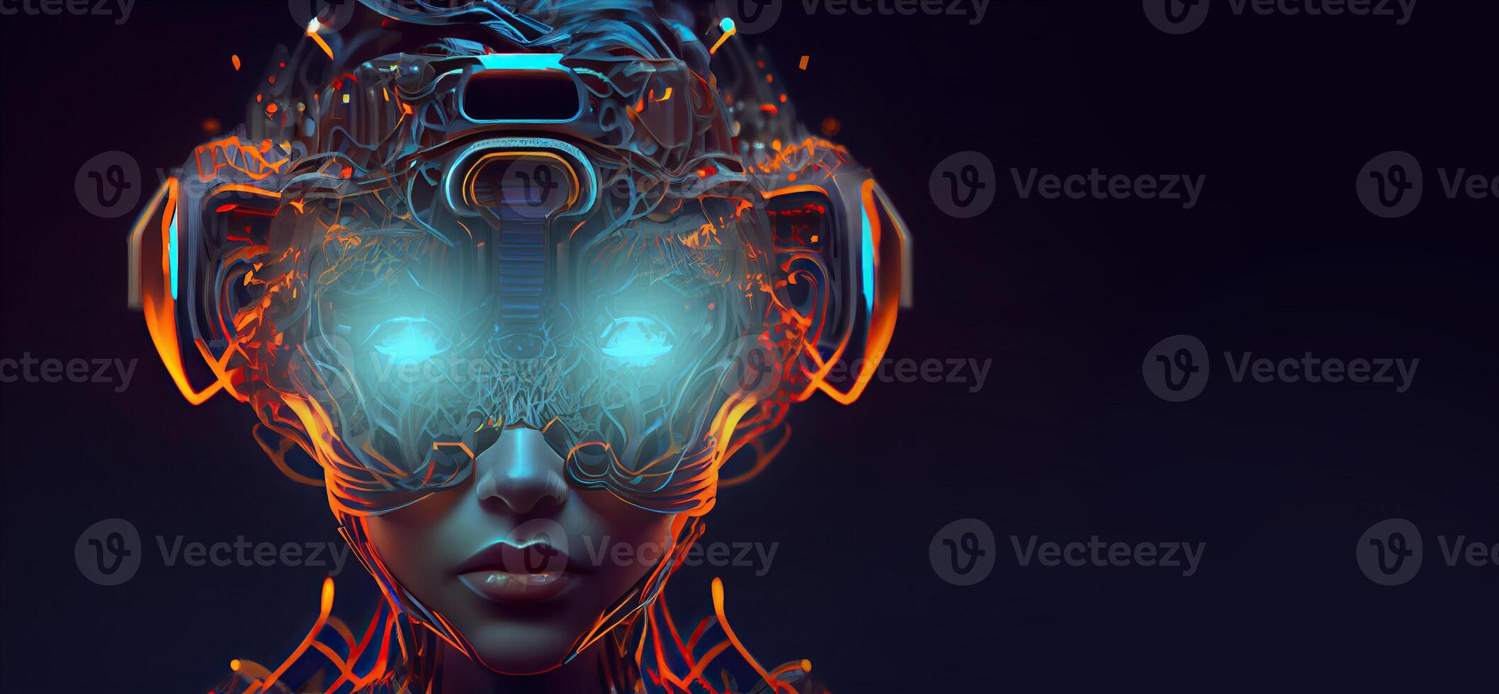 illustration of Metaverse concept and virtual world elements. Side view of human face in augmented or virtual reality headset inside the metaverse photo