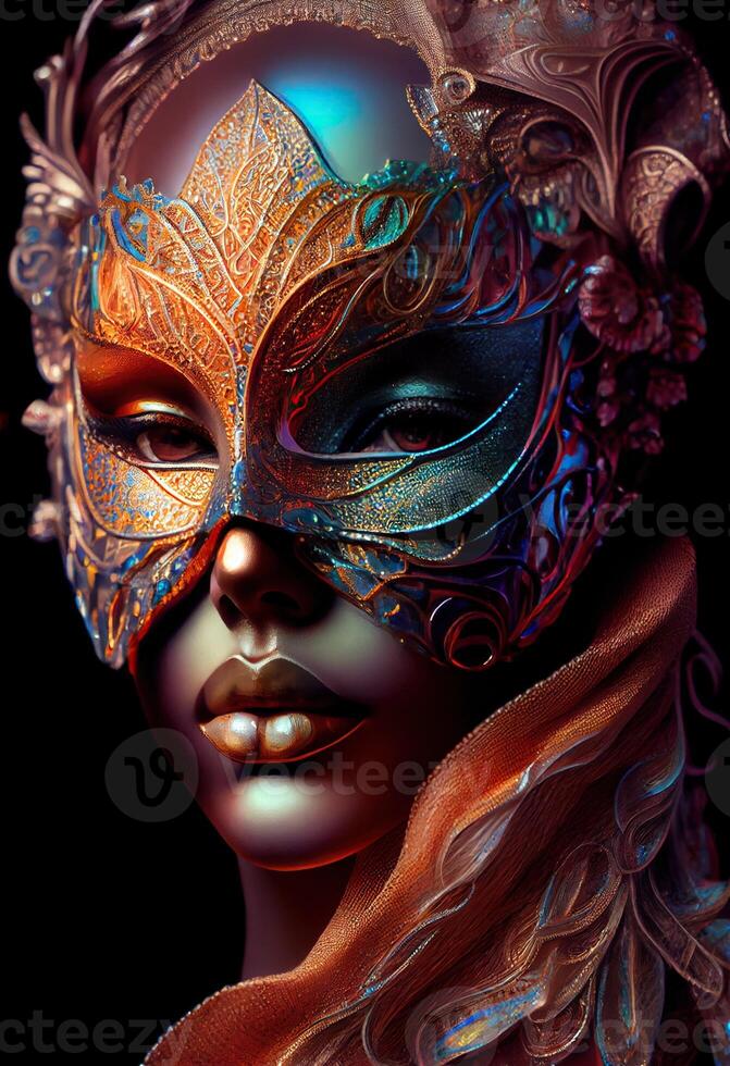 illustration of courtesan in a mask made of carnival glass, beautiful make up ideas, gorgeous, beautiful female eyes with carnival glass sparkly eyeshadow photo