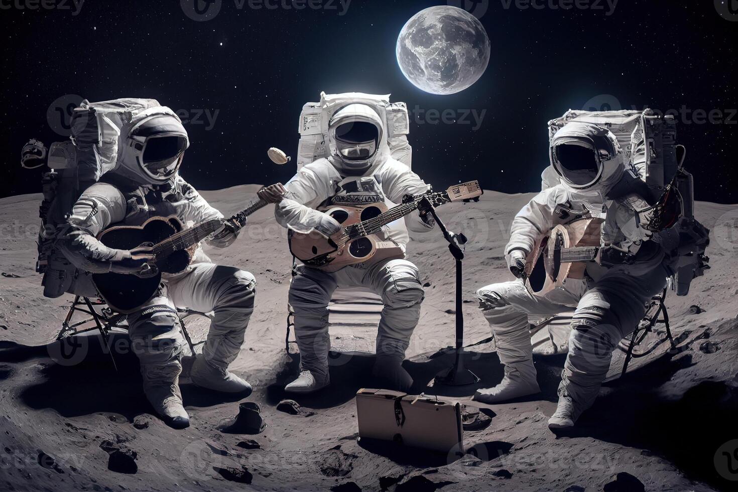 illustration of a trio of astronauts making music on the lunar surface photo