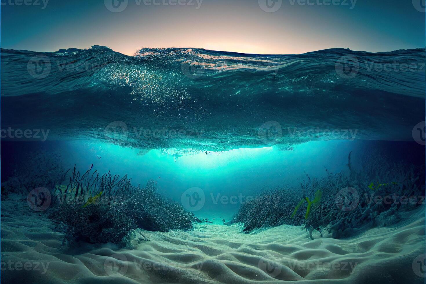 illustration of Ocean depth. Underwater empty landscape, ocean bottom, sea wave photo