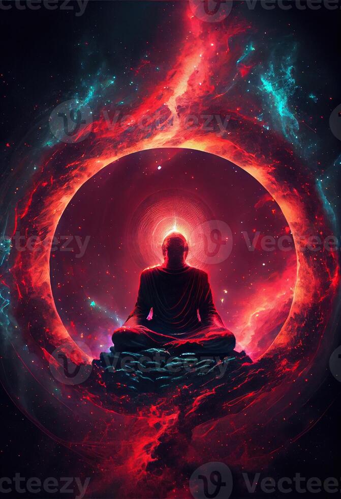 illustration of higher, yoga relax chill out dmt visions spirit. 7 colored chakras meditation DMT hallucinations. Multiverse connected through a nervous system - trippy psychedelic photo