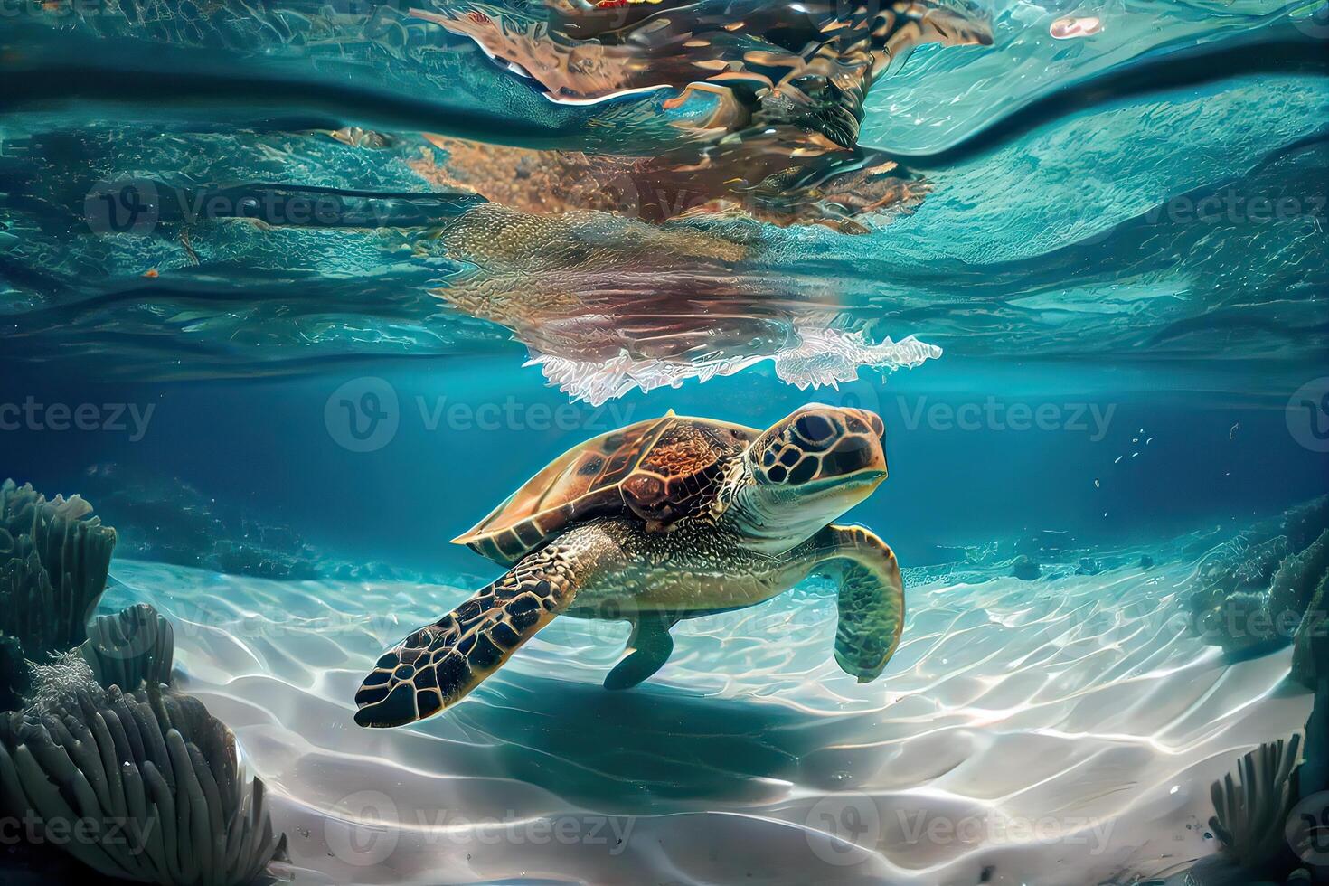 illustration of a sea turtle in crystal clear water. Amazing crystalline seabed. Reef full of life photo