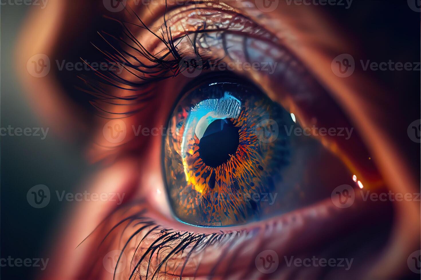 illustration of sadness is seen deep inside, mirroring, hyper realistic, colorful, cinematic lighting, close macro photo shot of an eye of old man.