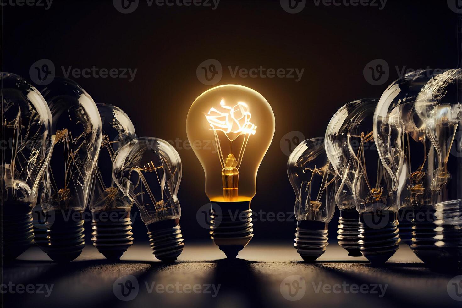 illustration of bright idea for business, education, star up growth, light bulbs on dark background, idea concept photo