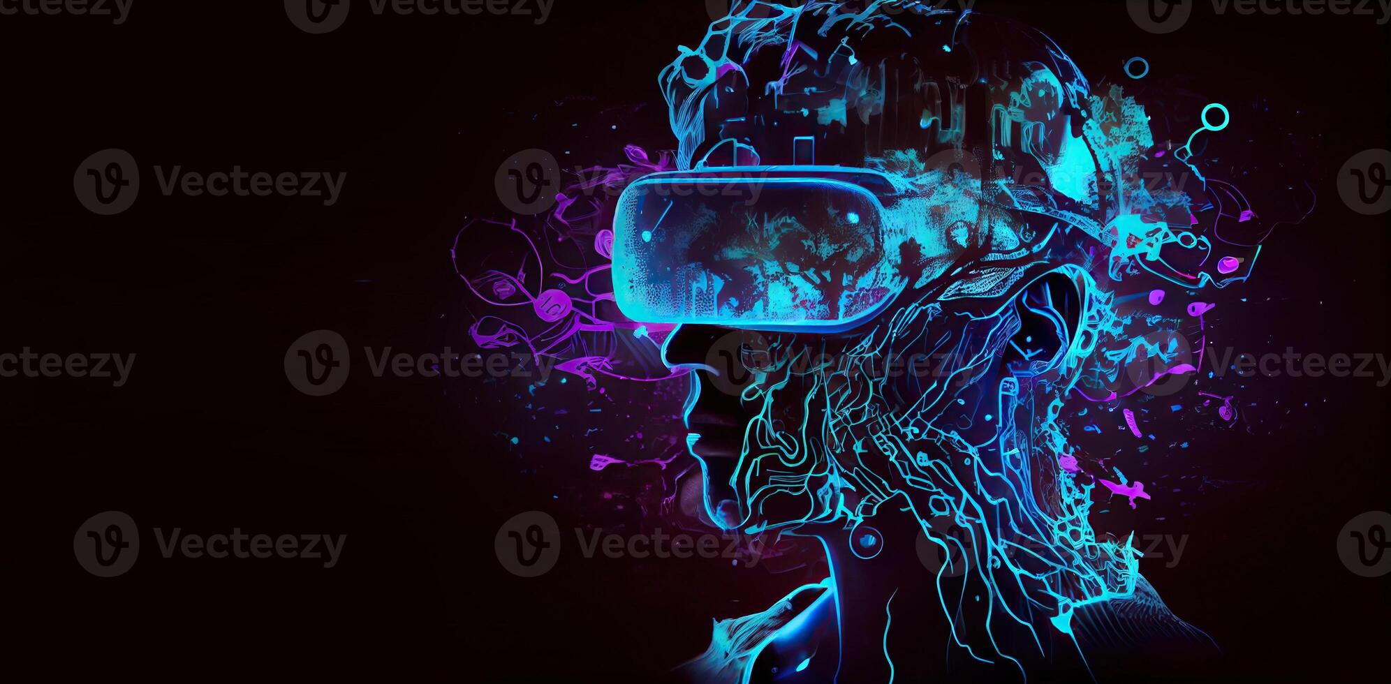 illustration of Metaverse concept and virtual world elements. Side view of human face in augmented or virtual reality headset inside the metaverse photo