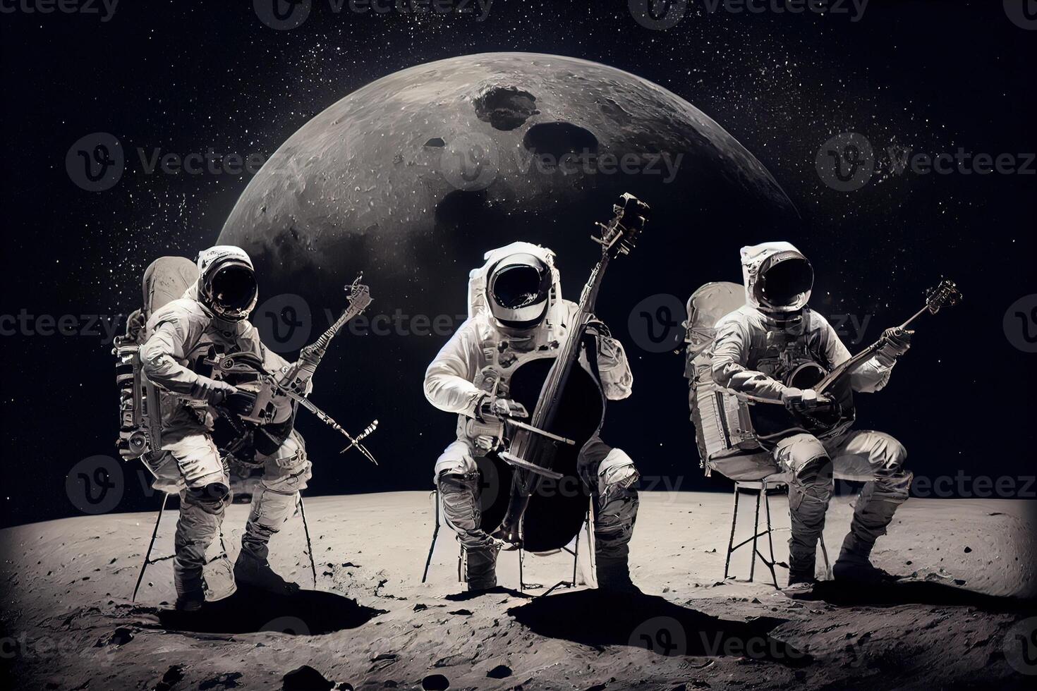 generativo ai ilustración de un trío de astronautas haciendo música en el lunar superficie foto