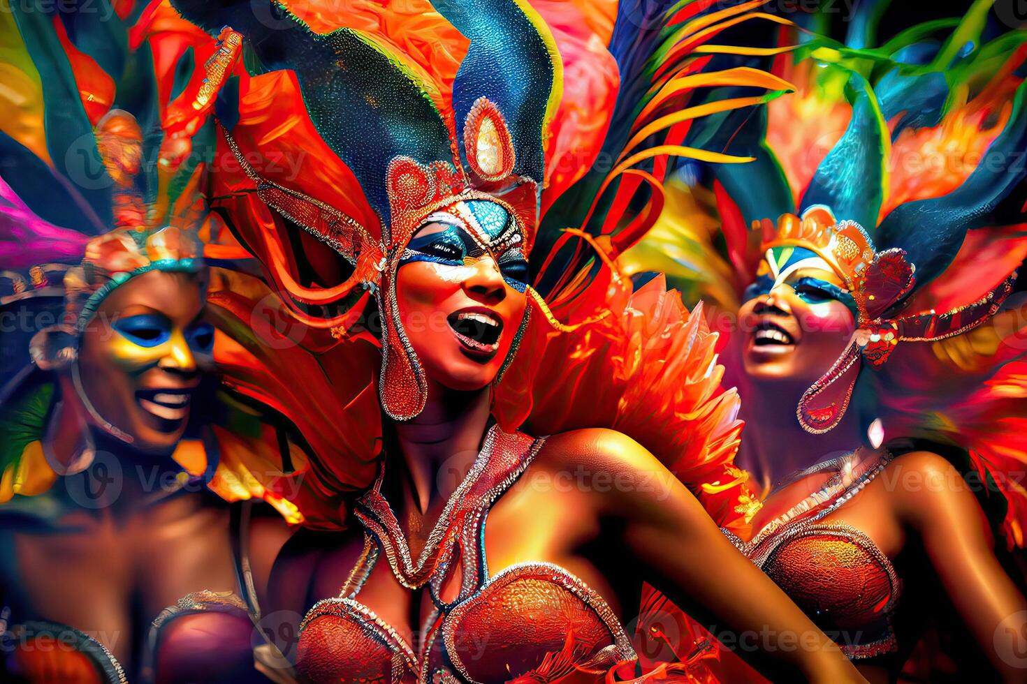 illustration of the vibrant energy and excitement of Brazilian Carnival, with abstract defocused bokeh lights and shiny streamers adding to the festive atmosphere photo