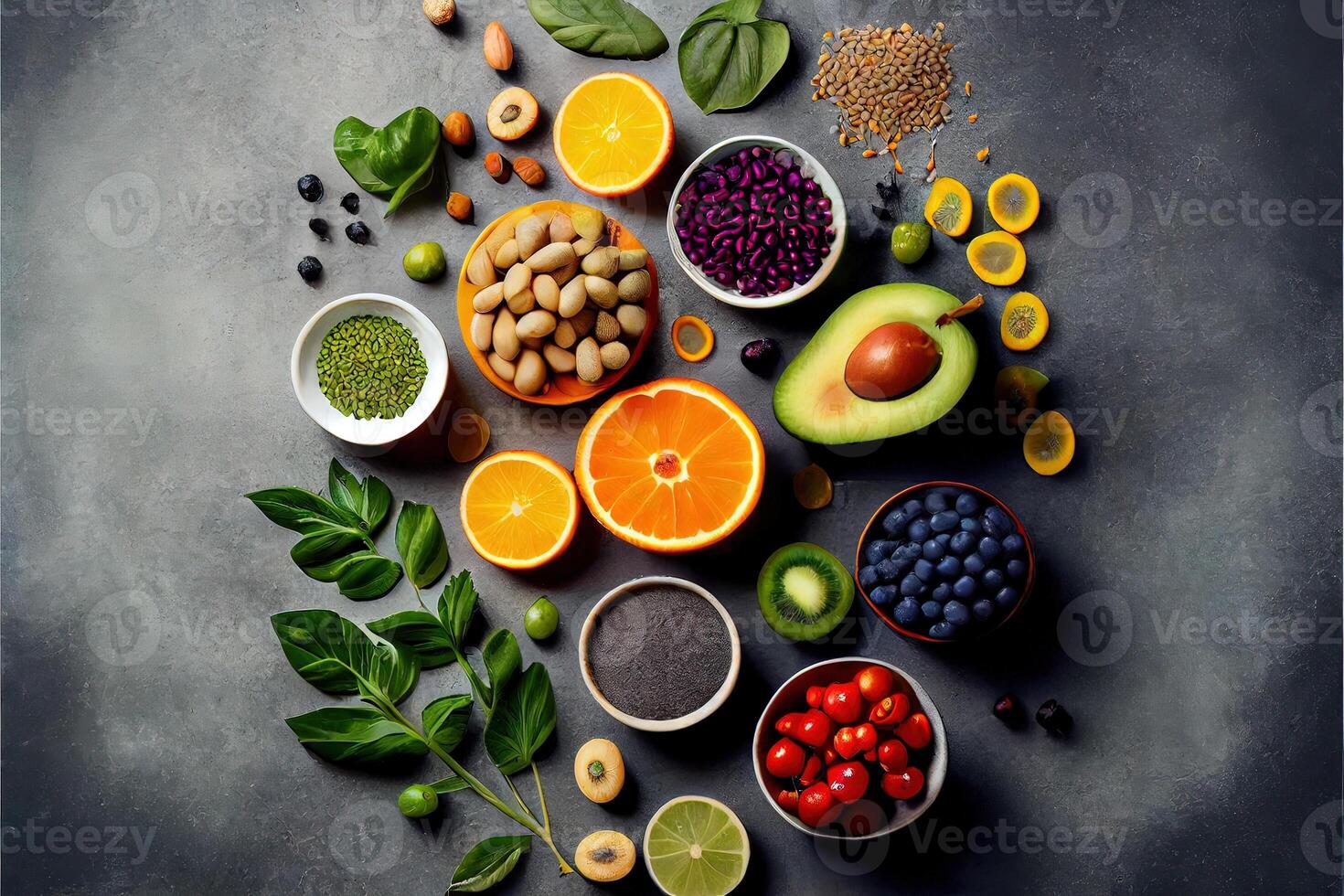 illustration of healthy food clean eating selection on gray concrete background photo