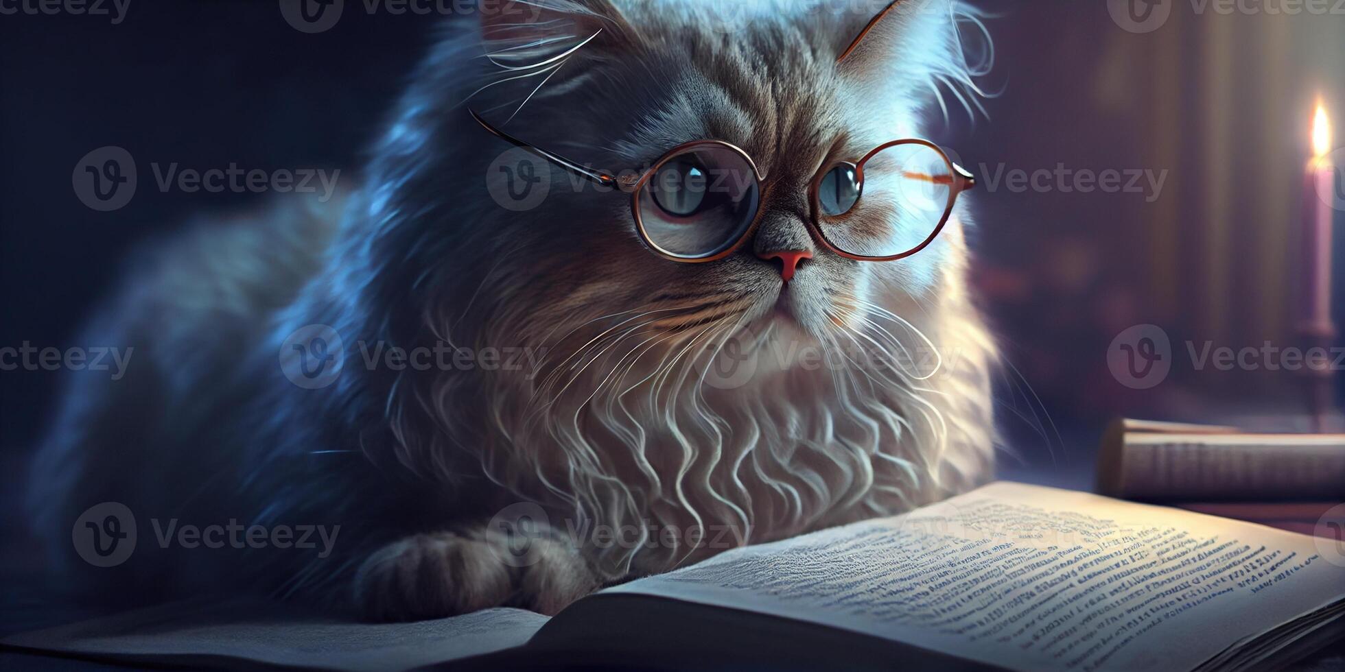 illustration of Intelligent serious cat in glasses reading a book, volumn light photo