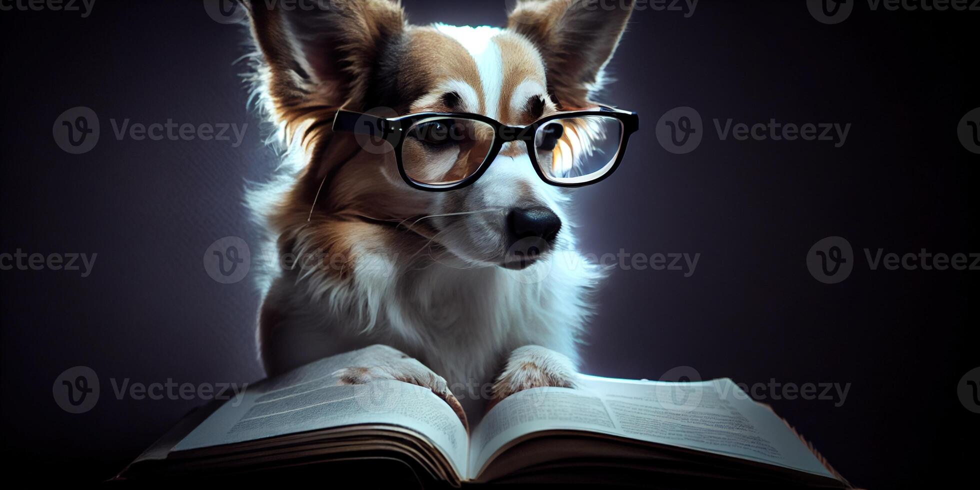 illustration of Intelligent serious dog in glasses reading a book, volumn light photo