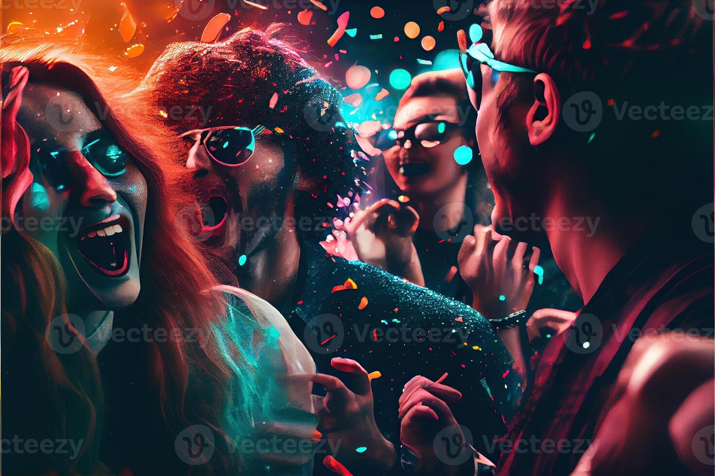 illustration of New Year's Eve party background, pop color, group of people dancing and joyful, countdown, neural network generated art. Digitally painting, generated image. photo