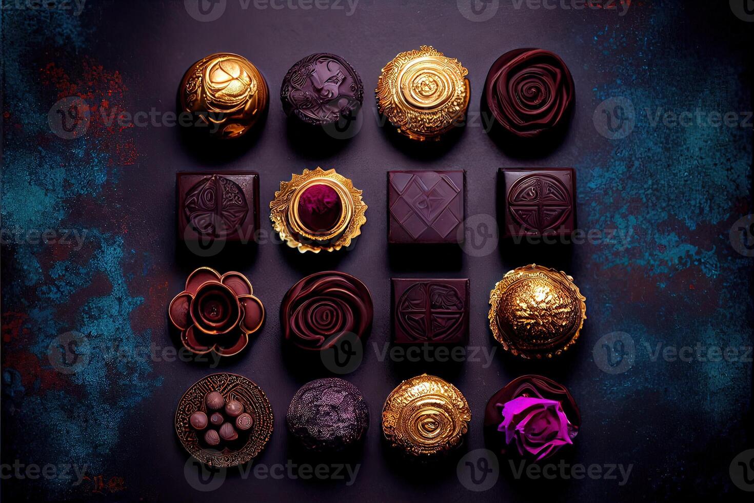 illustration of a symmetrical knolling flat lay of different exquisite types of pretty baroque chocolates, royal jewel tones and glitter, gilded black background photo