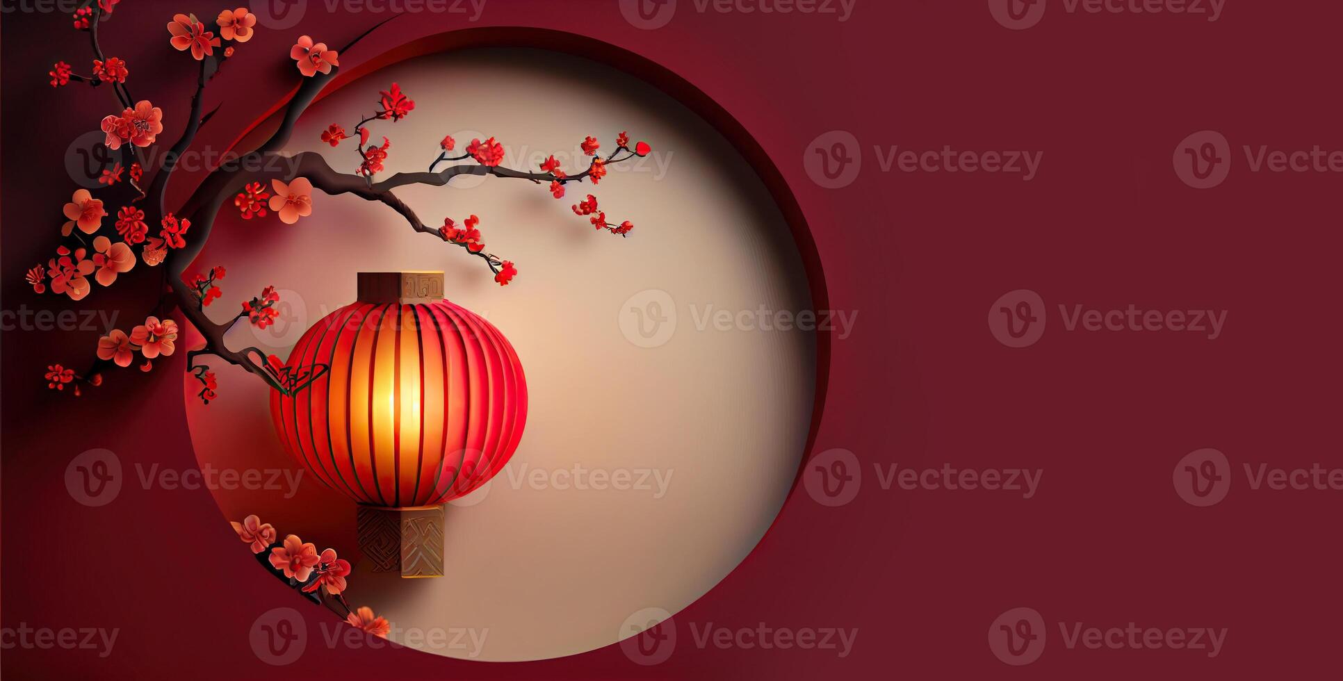illustration of Chinese traditional red festival background with a chinese red plum blossom, lantern, spring festival, new year, chinese traditional culture element photo