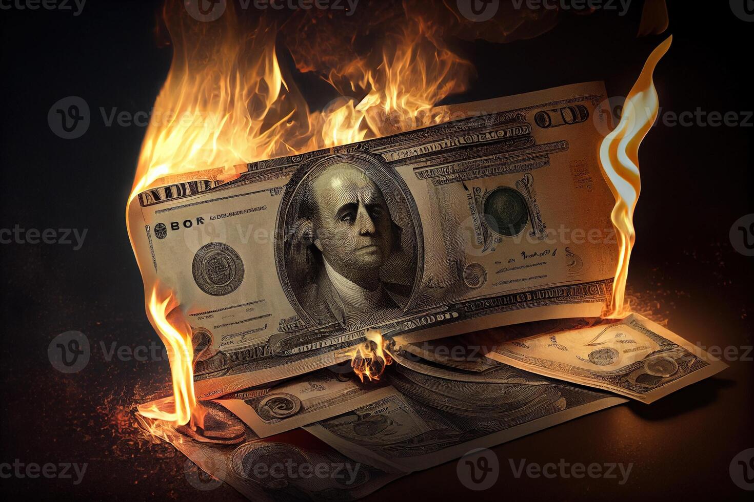 illustration of the metaphorical concept of loss and waste through the image of burning money photo