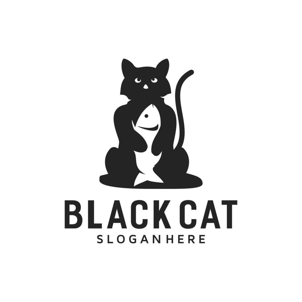 Cat eating fish logo design template vector
