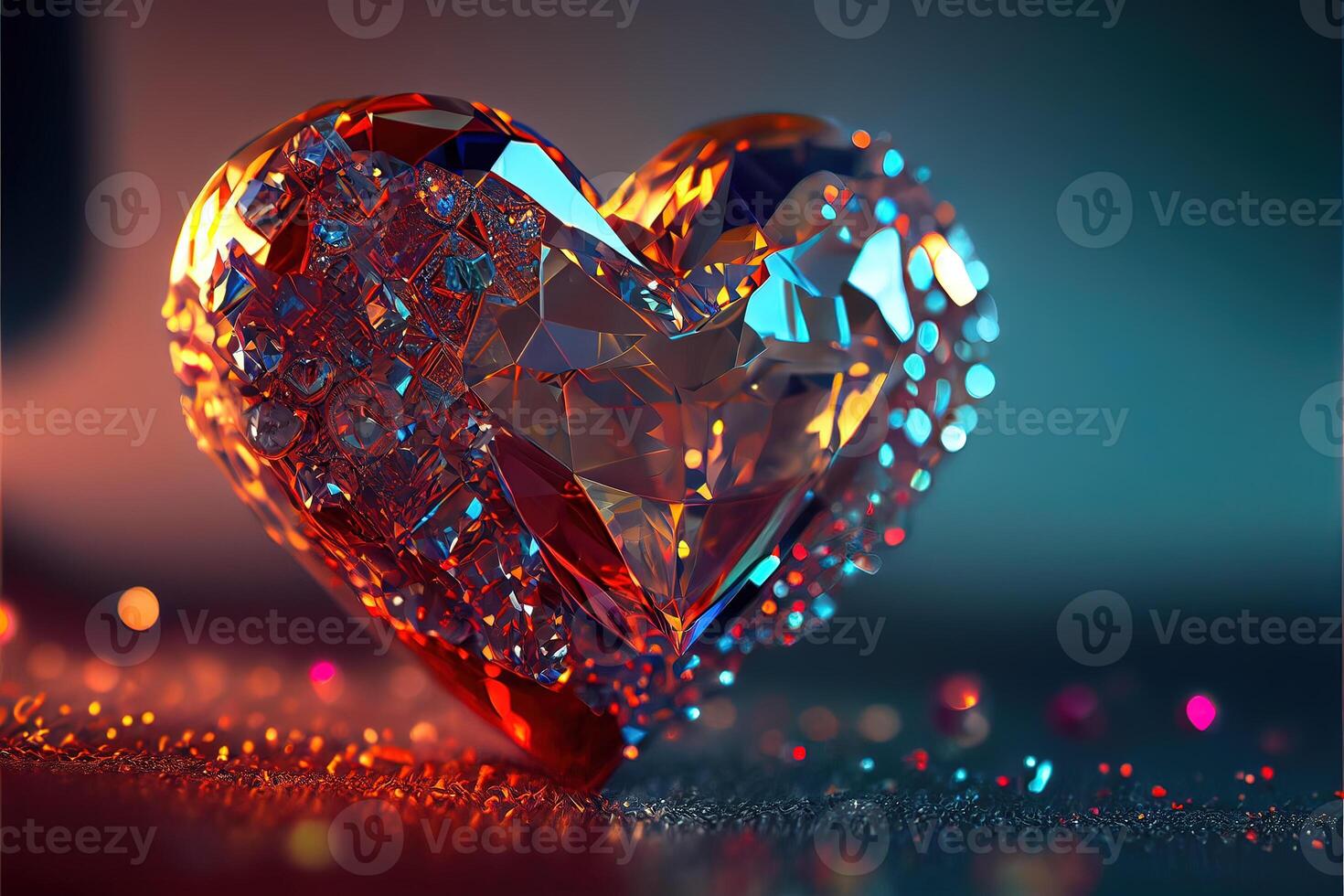 illustration of bling love , diamond heart shape, decor, romantic, bokeh background. Love and valentine day concept. Neural network generated art. Digitally generated image photo