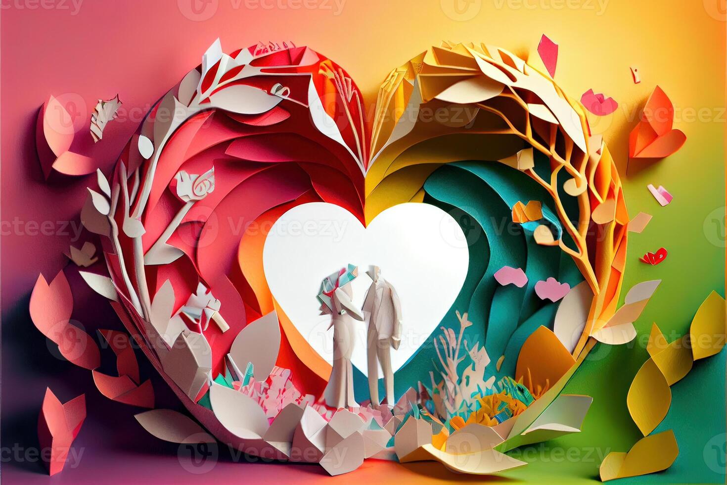 illustration of origami Valentine day background, happy couple, colorful. Paper cut craft, 3d paper style. Neural network generated art. Digitally generated image photo