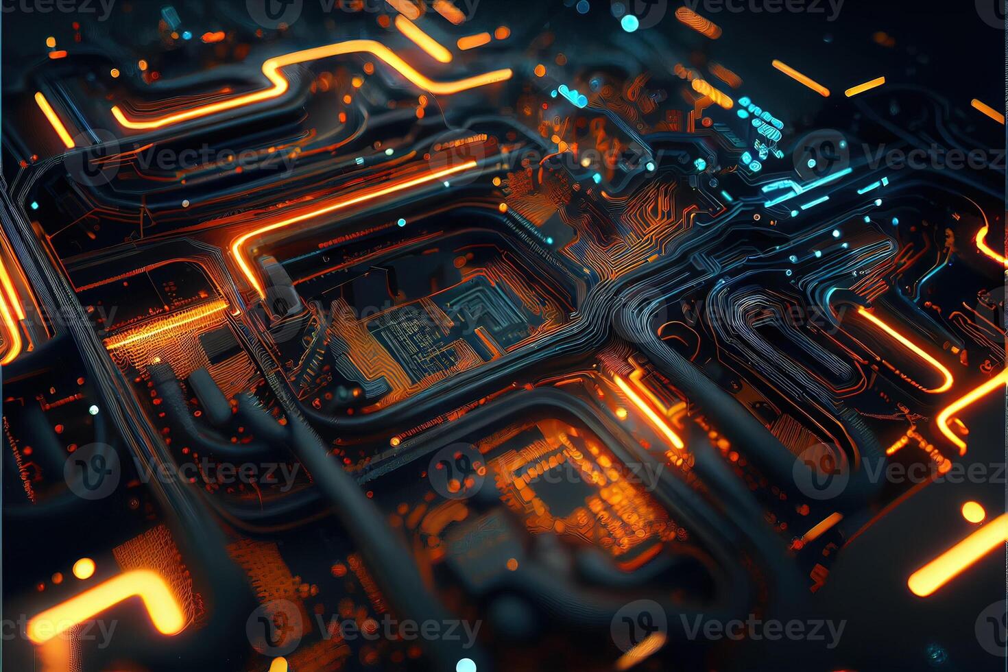 illustration of macro shot of circuit cyberspace board with computer motherboard component microchip with chip structure. Neural network generated art. photo