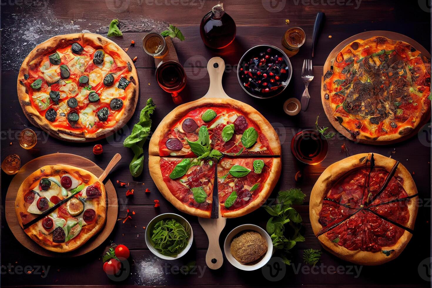 illustration of pizza party dinner. Flat-lay of various kinds of Italian pizza, salad and red wine in glasses over rustic wooden table, top view, wide composition photo