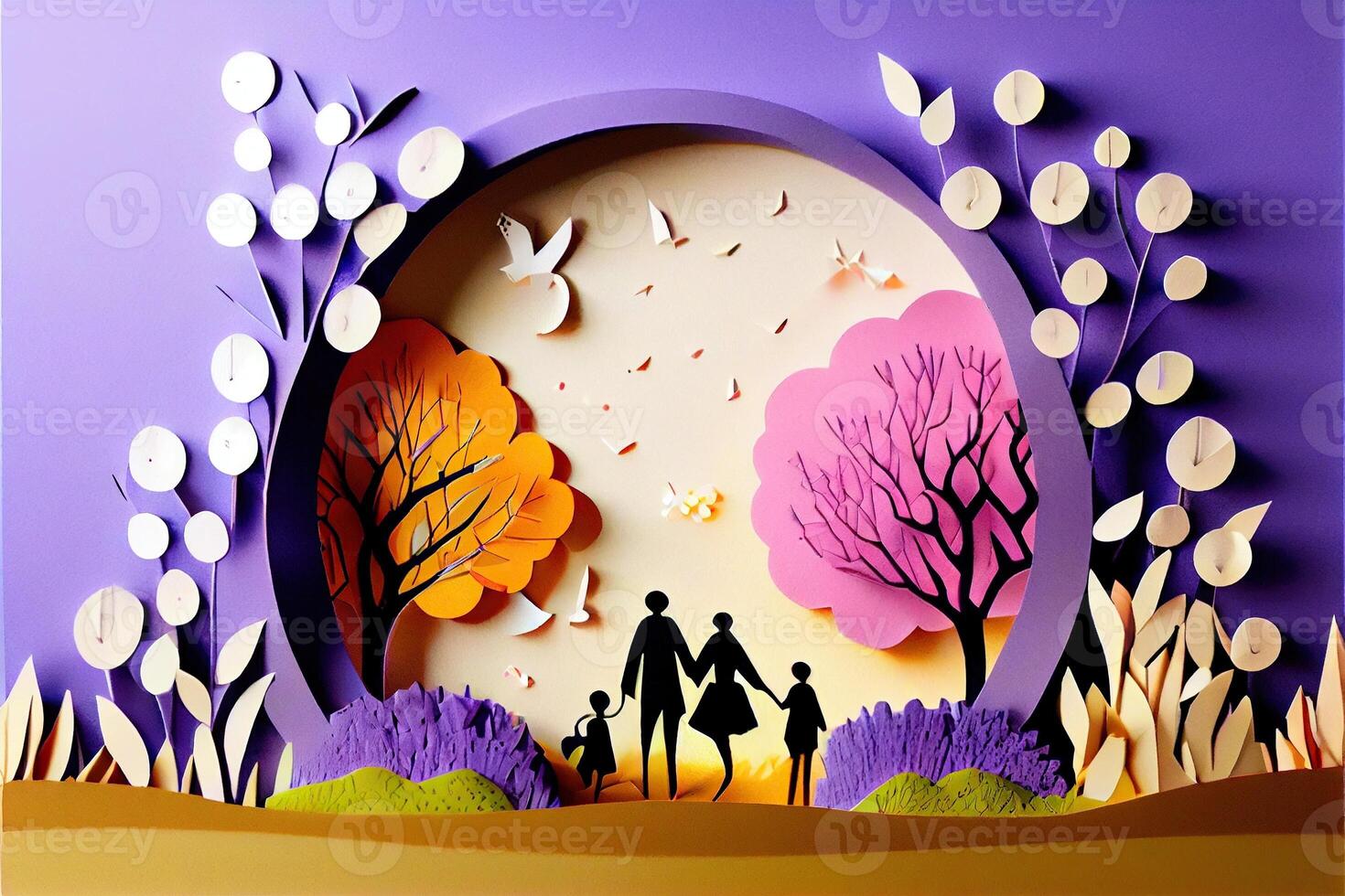 illustration of origami spring background, joyful elderly, happy family with parent, colorful. Paper cut craft, 3d paper illustration style, pop color. Neural network generated art. photo