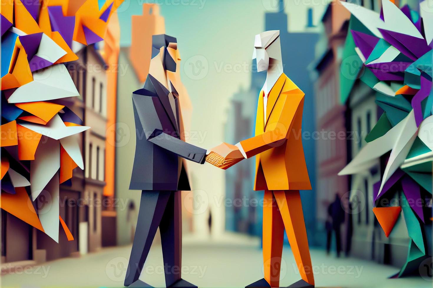 Business man in the city background, colorful. Business handshaking, successful concept. Paper cut craft, 3d paper illustration style. Neural network generated art. photo