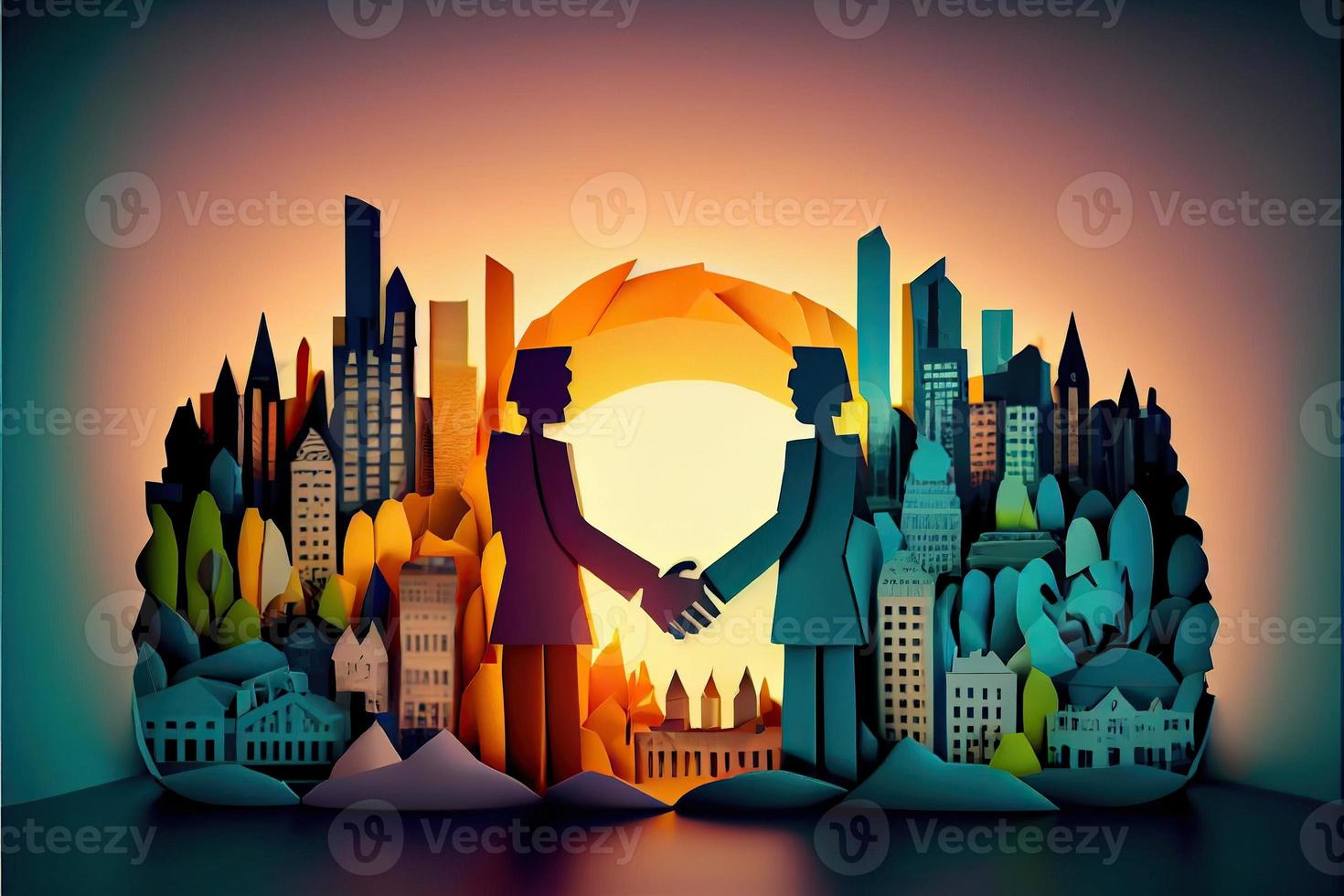 Business man in the city background, colorful. Business handshaking, successful concept. Paper cut craft, 3d paper illustration style. Neural network generated art. photo
