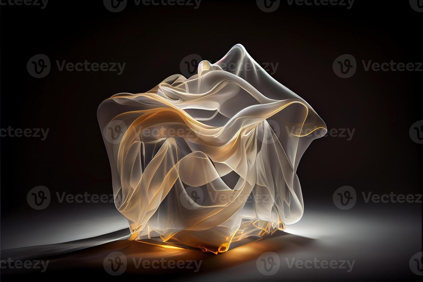 illustration of levitating moving twisting translucent cloth covering glowing objects in dark background photo