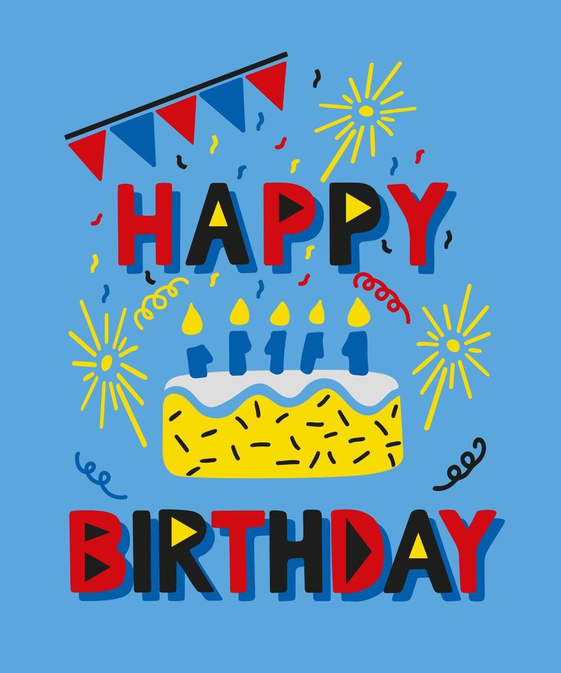 Modern minimalistic birthday vector concept illustration in flat cutout style.Birthday cake with candles and fireworks, confetti on blue background. Ideal for postcard, banner, cover, greeting card