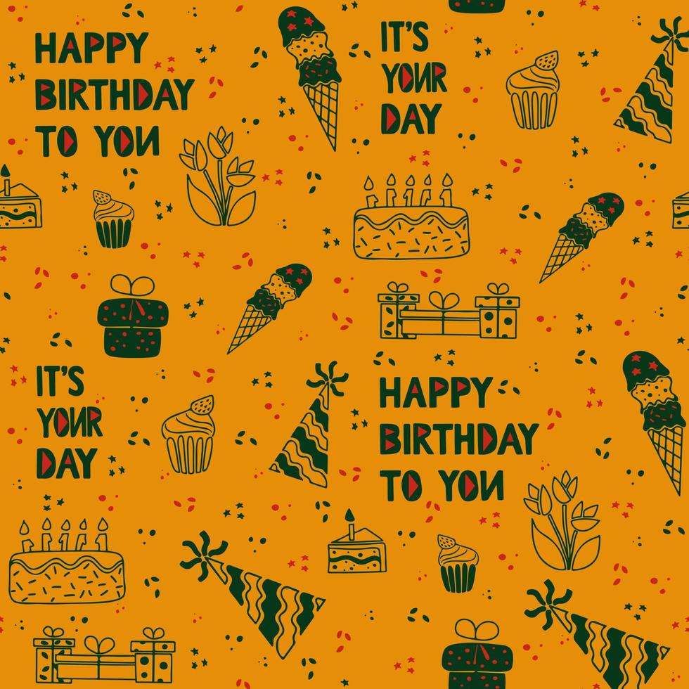 Birthday party doodle outline minimalistic seamless pattern on orange background. Vector hand drawn isolated elements for birthday party. Ideal for background, print, wallpaper, cover, wrapping