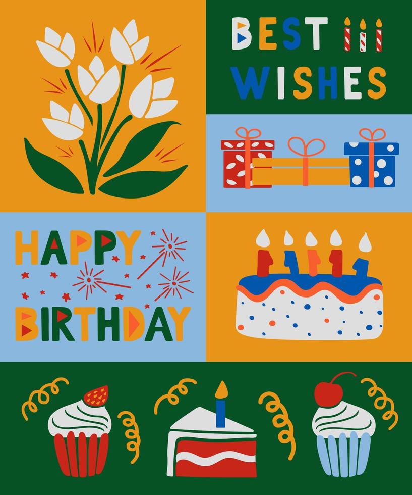 Modern Happy birthday hand drawn vector concept. Elements for birthday party in flat minimalistic style. Perfect for social media, graphic poster, postcard, background, print, fabric pattern, cover