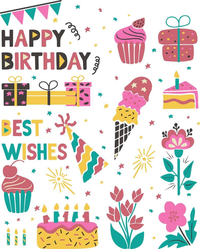 conjunto de plano corte minimalista elemento para cumpleaños fiesta con texto contento cumpleaños. vector aislado clipart en blanco antecedentes. lata ser usado como pegatinas