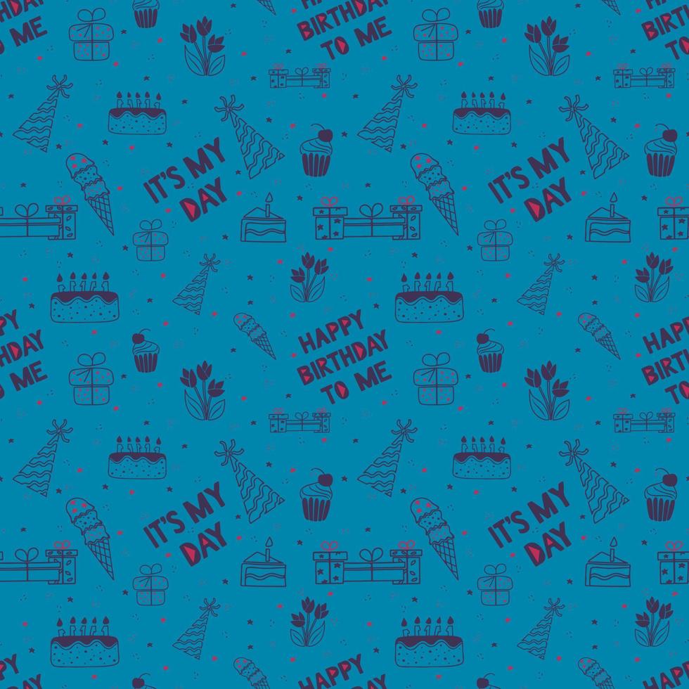Birthday hand drawn outline seamless minimalistic pattern on blue background. Happy birthday to me. Doodle elements for birthday party. Can be used for background, print, wallpaper, cover, wrapping vector