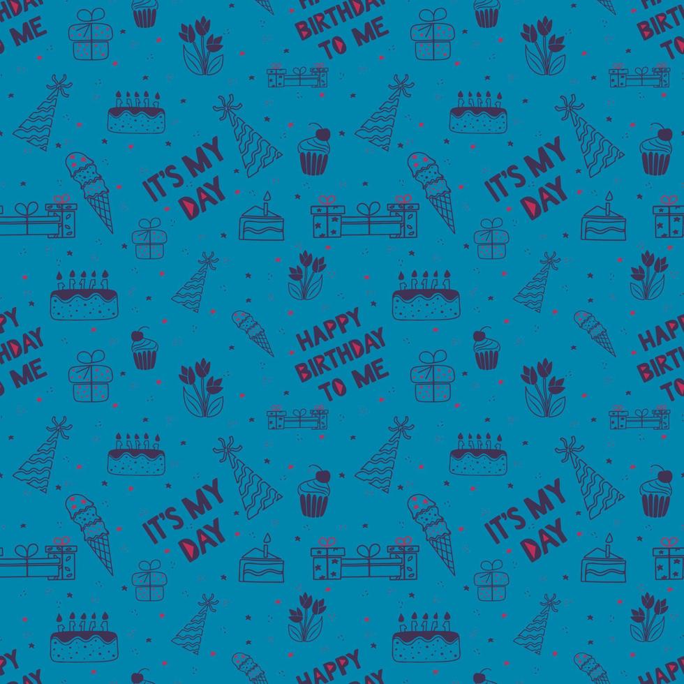 Birthday hand drawn outline seamless minimalistic pattern on blue background. Happy birthday to me. Doodle elements for birthday party. Can be used for background, print, wallpaper, cover, wrapping vector