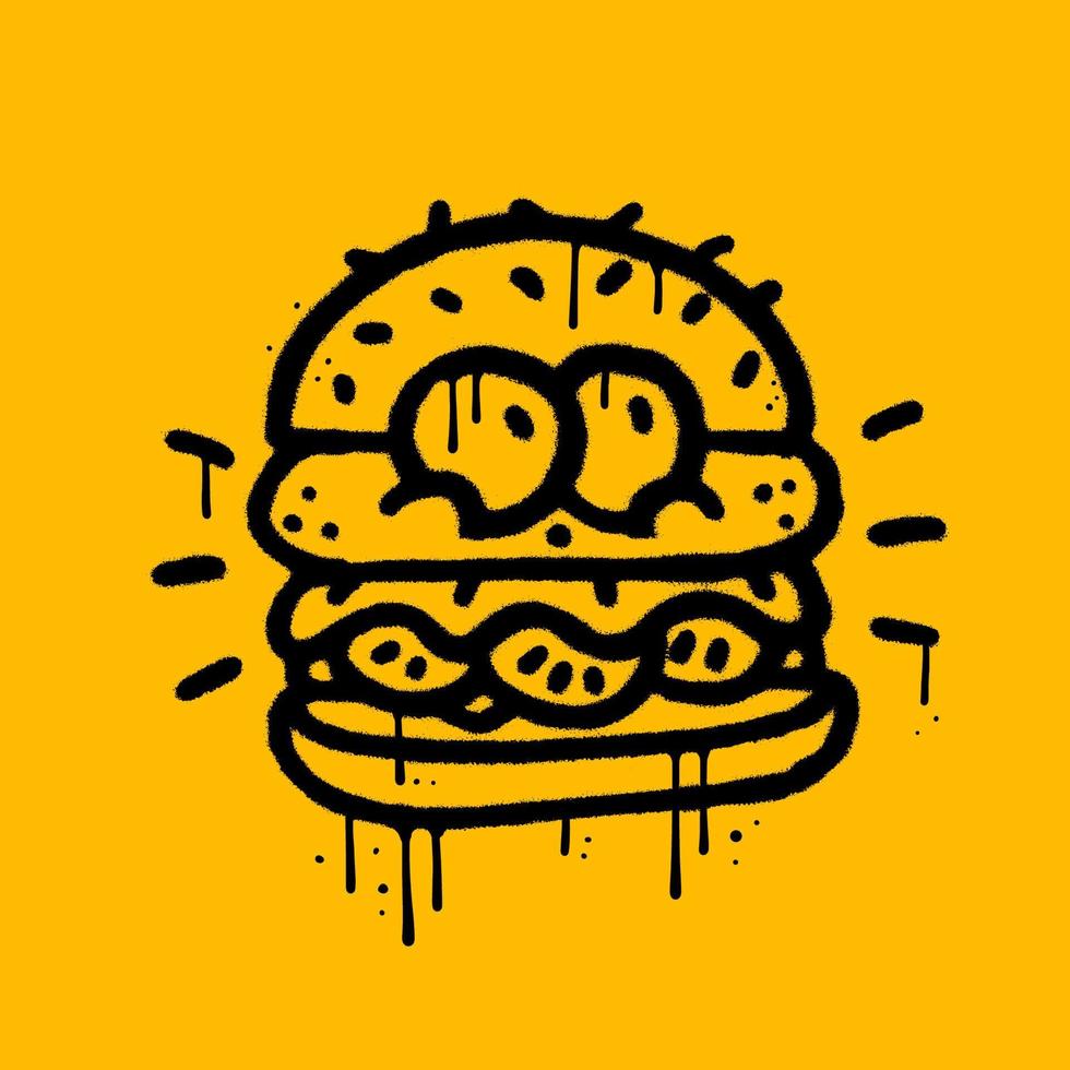 Burger character with funny face in urban graffiti style, street art element for t-shirt, sticker, or apparel merchandise. Textured hand drawn vector illustration in modern and 90s retro style.