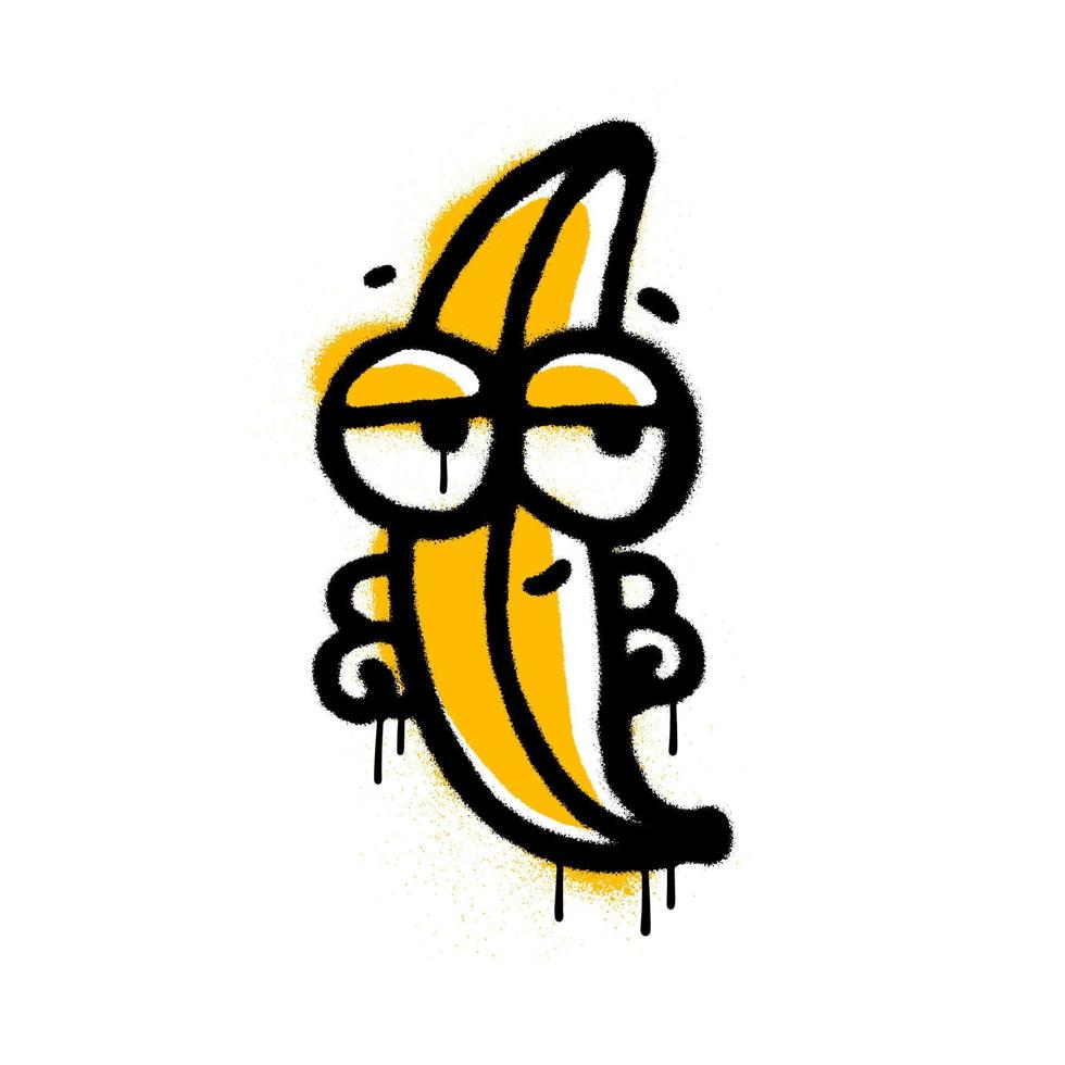 Urban graffiti banana character sprayed in black over white with yellow filling. Textured spray vector illustration isolated on white.