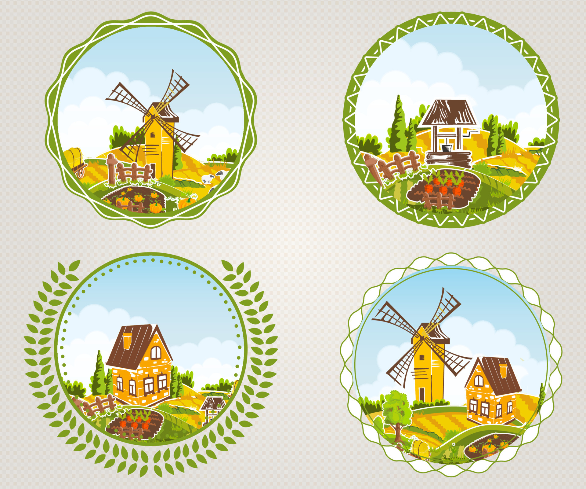 Rural landscapes label set with village and fields symbols isolated