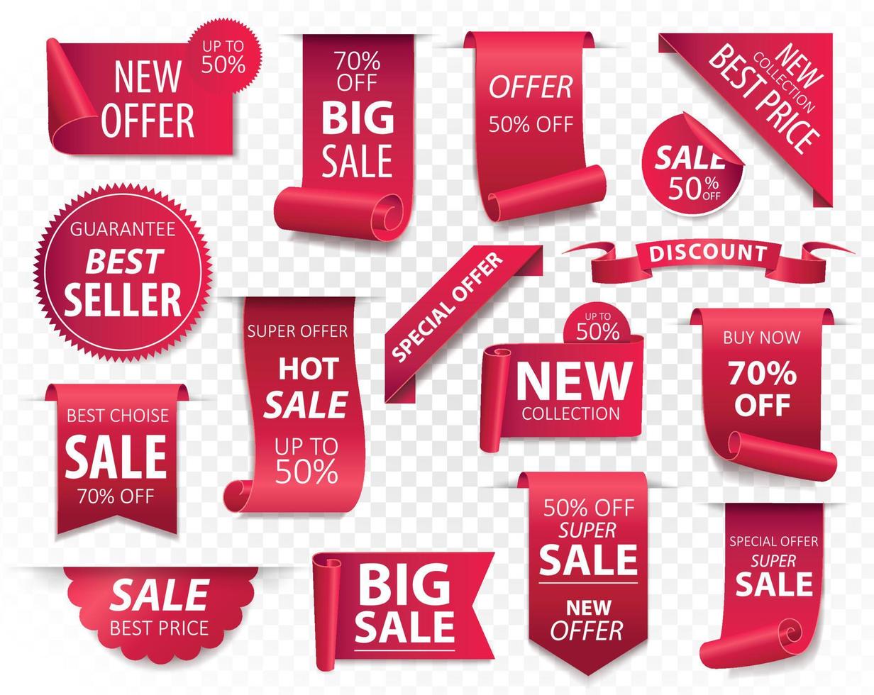 Price tags, red ribbon banners. Sale promotion, website stickers, new offer badge collection isolated. Vector illustration.