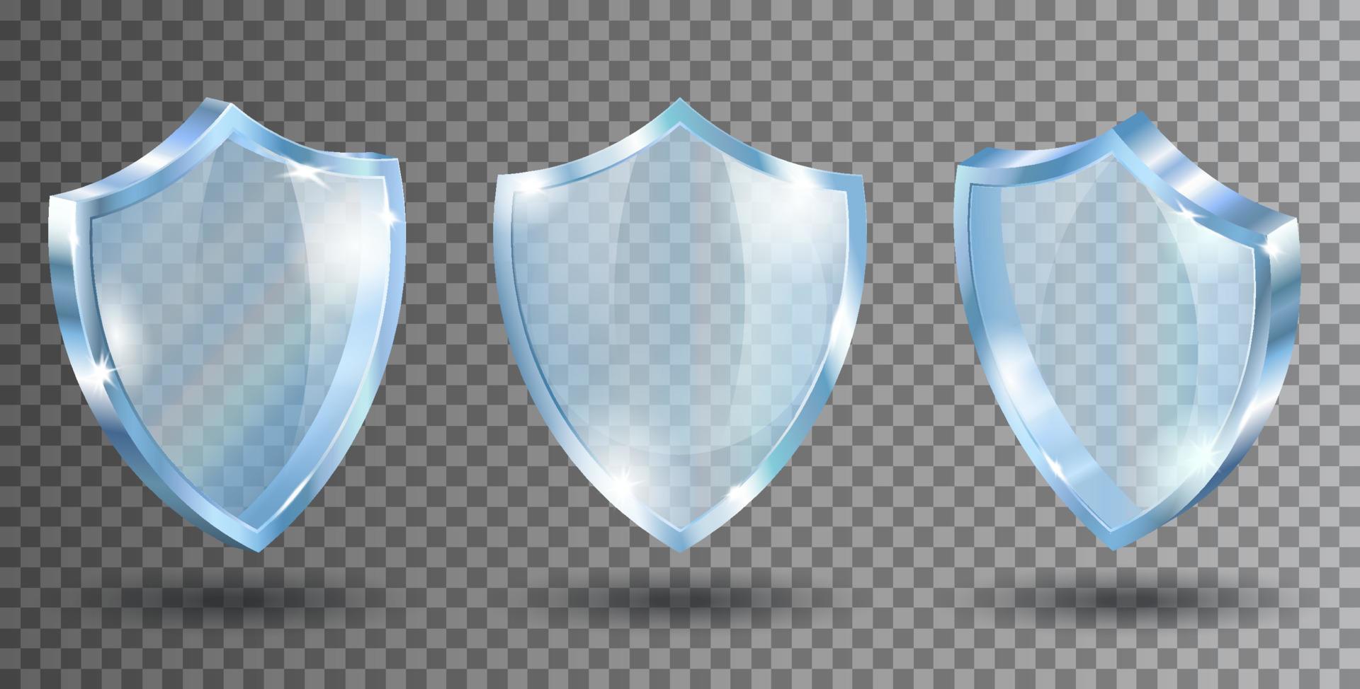 Transparent glass shields. Realistic vector illustration. Blue acrylic security plate with reflections and light sparkles. Isolated front and side view.