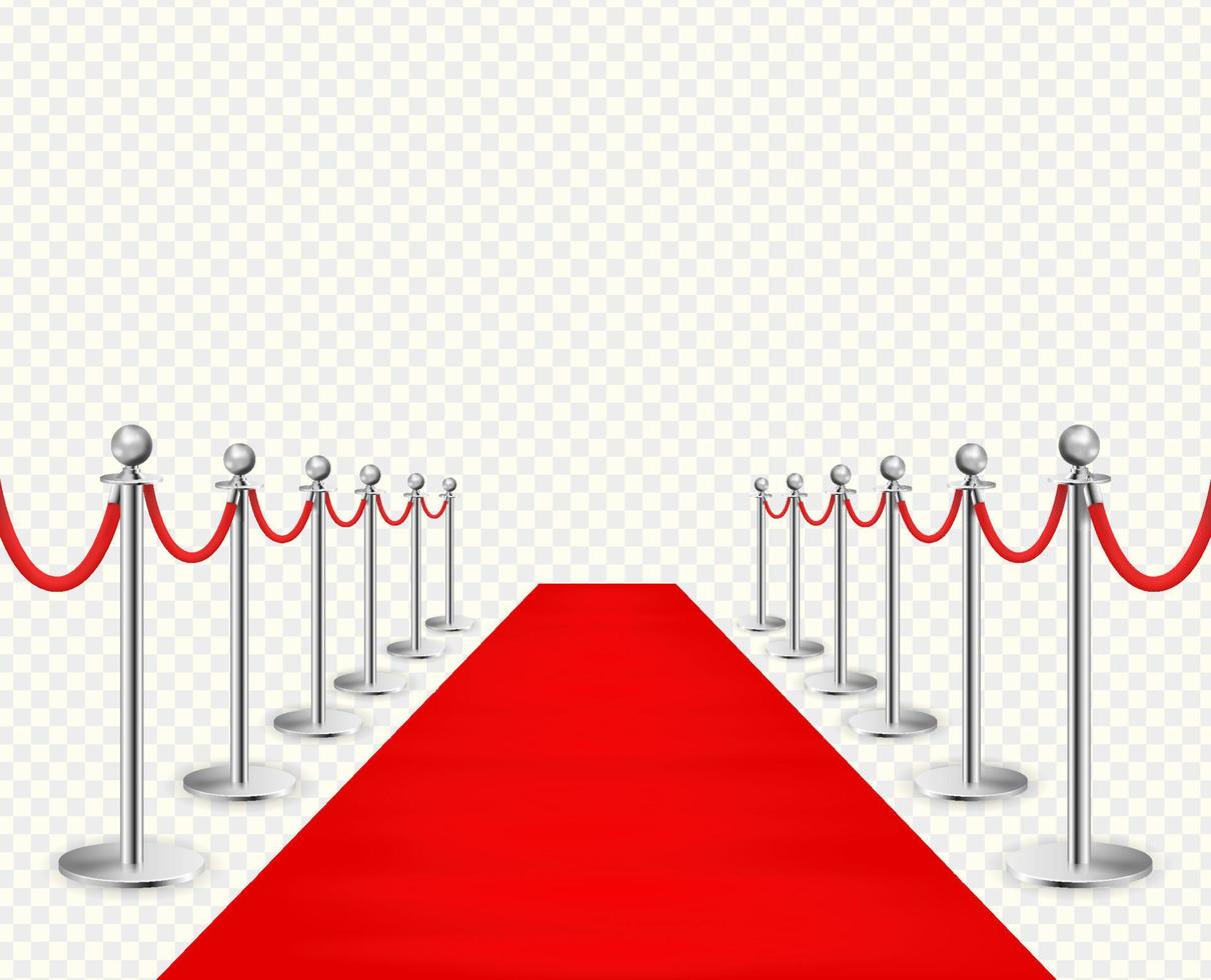 rojo alfombra y plateado barreras realista aislado en transparente antecedentes. vector ilustración