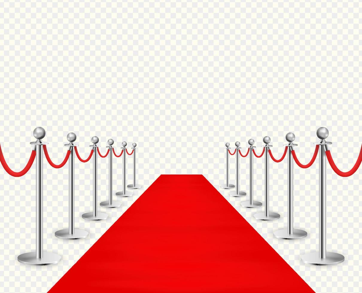 Red carpet and silvery barriers realistic isolated on transparent background. Vector illustration