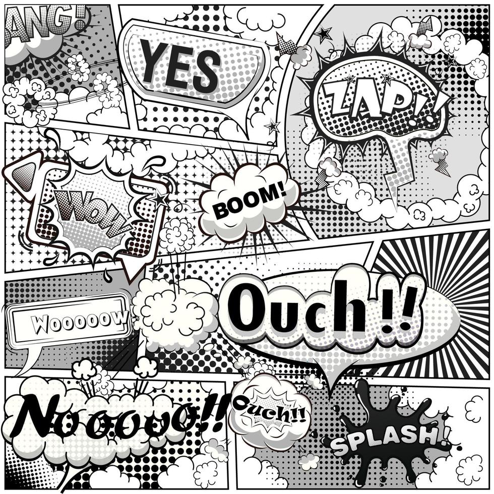 Black and white comic book page divided by lines with speech bubbles and sounds effect. Vector illustration.